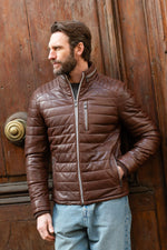 Puffer jacket without a hood, in bison-colored leather - Image n°1