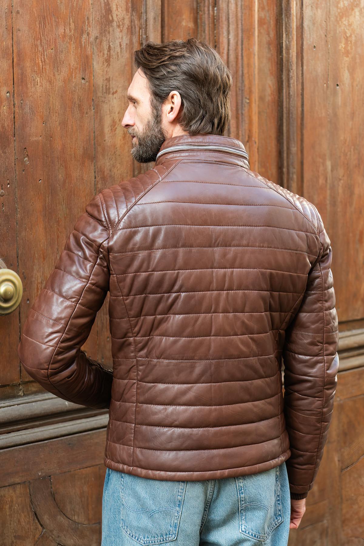 Puffer jacket without a hood, in bison-colored leather - Image n°4