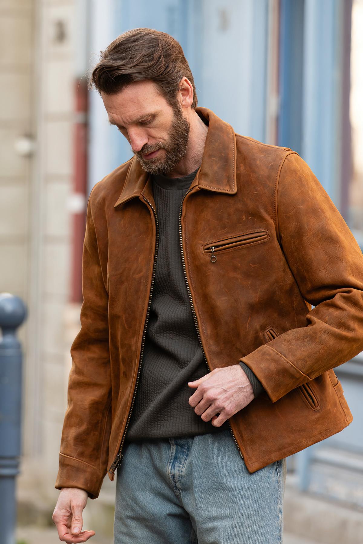 Brown oiled nubuck jacket, Made in USA - Image n°2