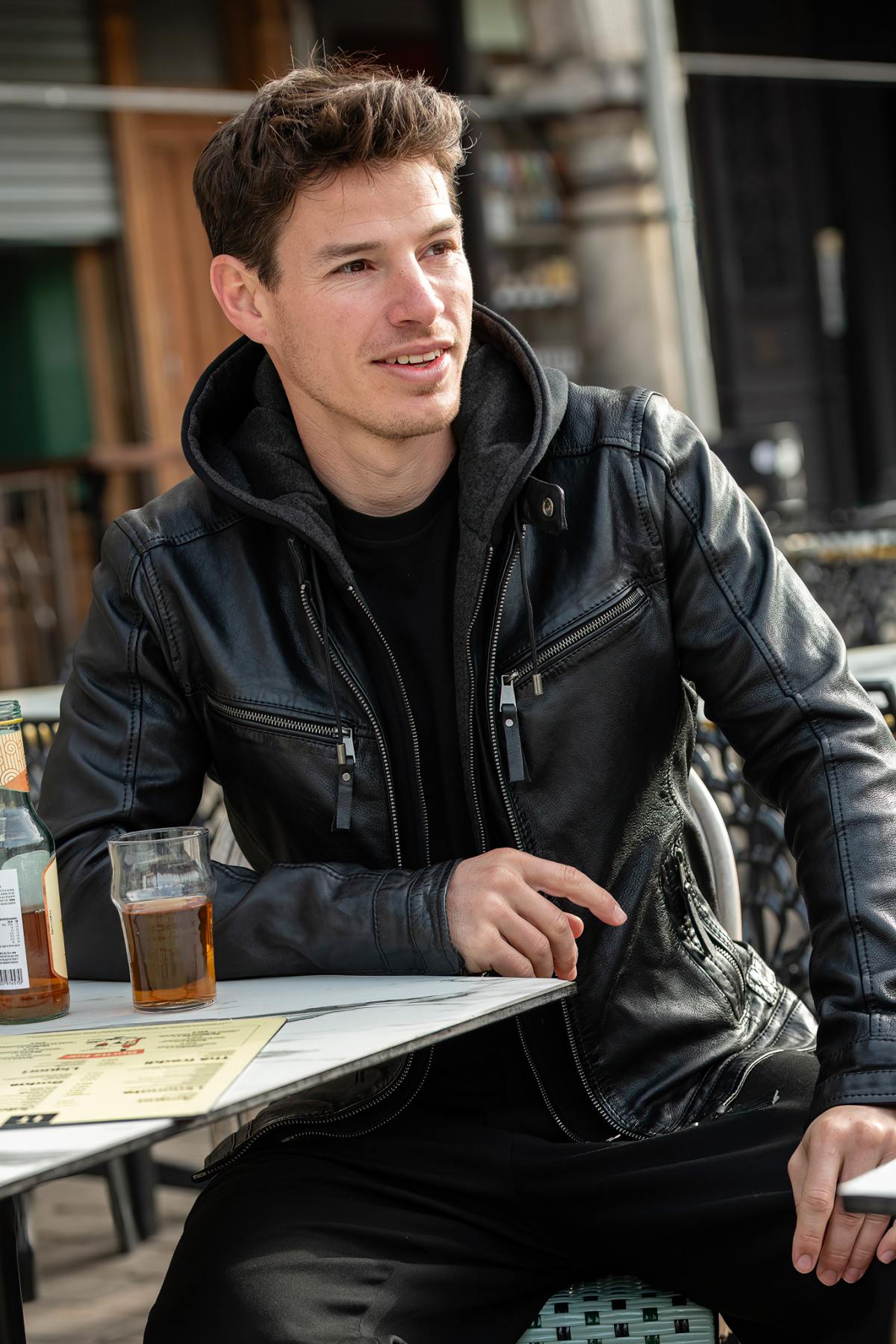 Black Leather Jacket with Hooded Skinny Fit - Image n°1