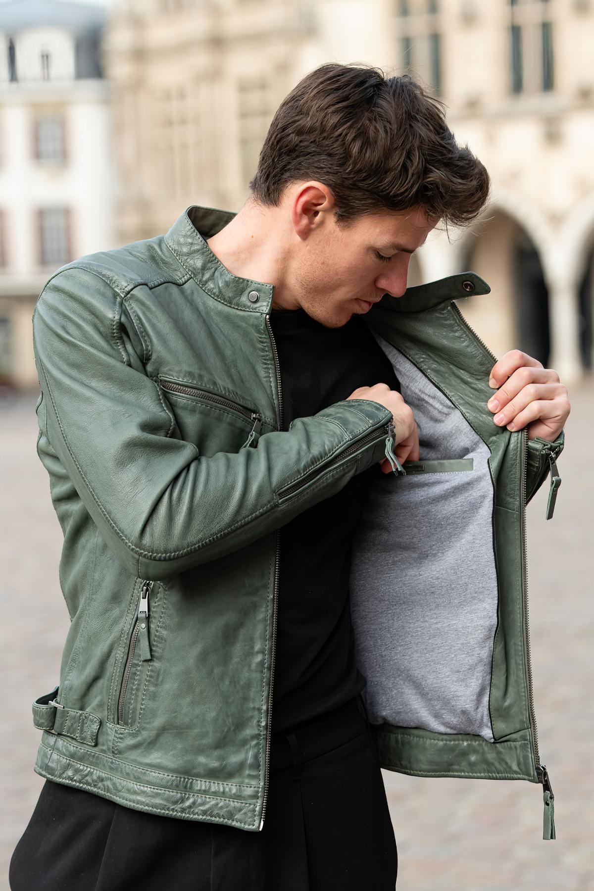 Skinny fit leather biker-collar jacket in cactus color - Image n°8