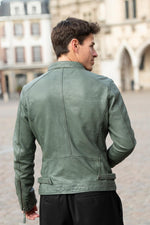 Skinny fit leather biker-collar jacket in cactus color - Image n°4