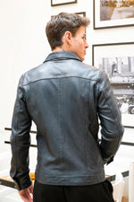 Navy blue leather trucker jacket - Image n°7