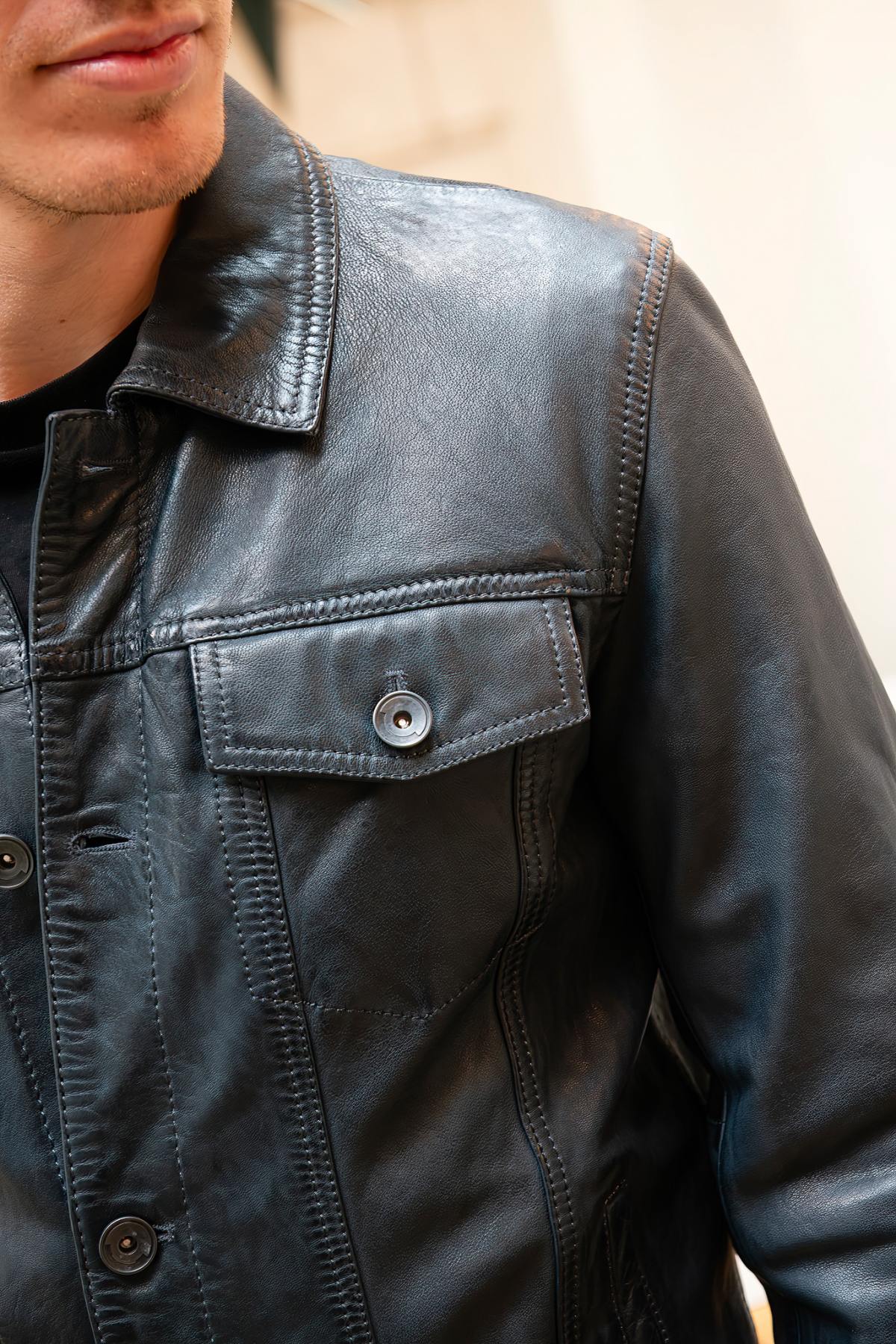 Navy blue leather trucker jacket - Image n°4