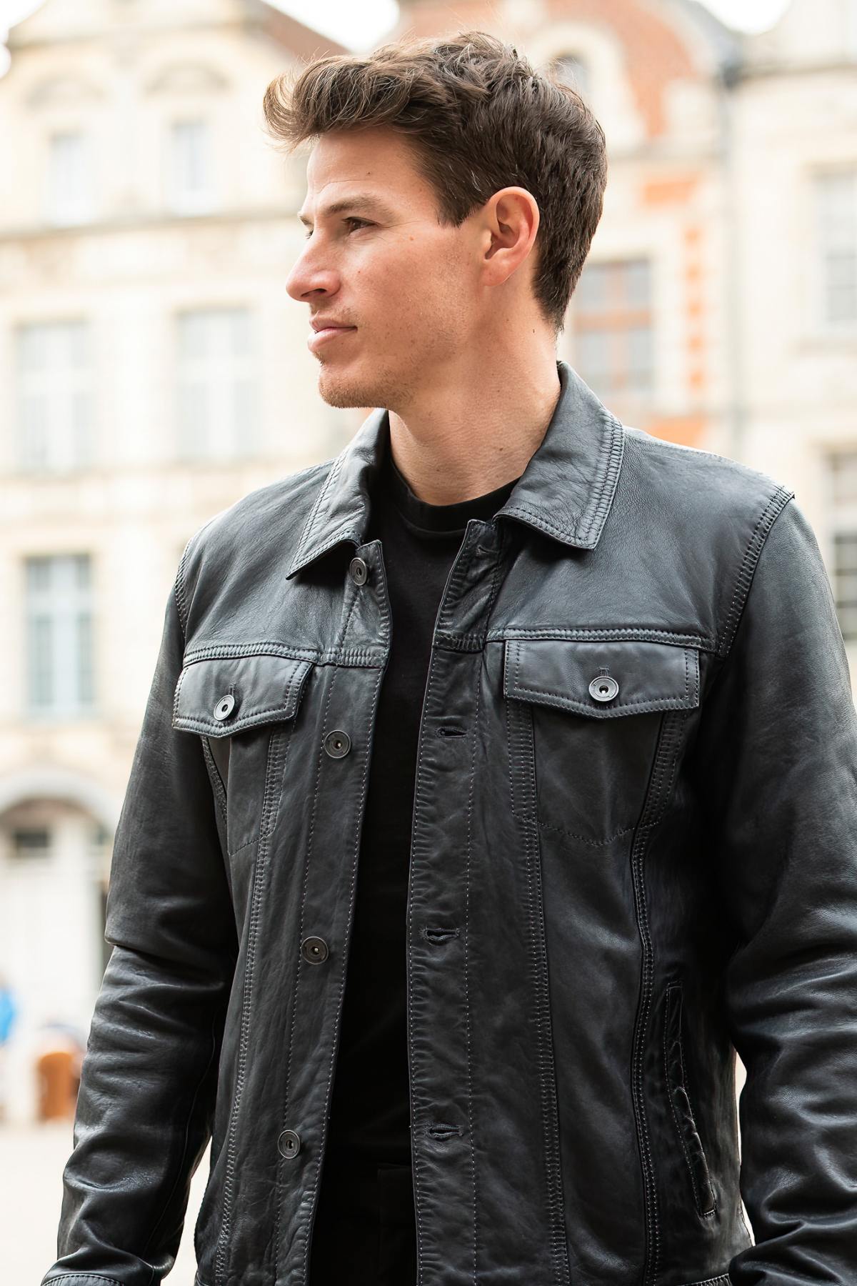 Navy blue leather trucker jacket - Image n°1