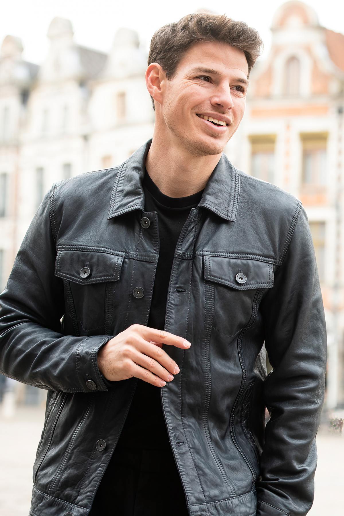 Navy blue leather trucker jacket - Image n°2