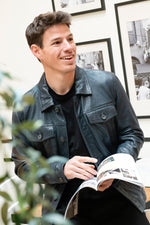 Navy blue leather trucker jacket - Image n°3