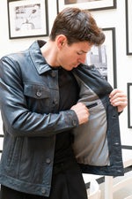 Navy blue leather trucker jacket - Image n°8