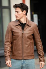 Cinnamon-colored, clean-lined, shirt-collar leather jacket - Image n°8