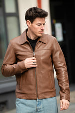 Cinnamon-colored, clean-lined, shirt-collar leather jacket - Image n°2