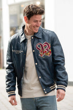 Navy blue leather teddy jacket with shirt collar and embroidery - Image n°6