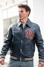 Navy blue leather teddy jacket with shirt collar and embroidery - Image n°3