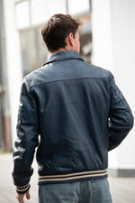 Navy blue leather teddy jacket with shirt collar and embroidery - Image n°4