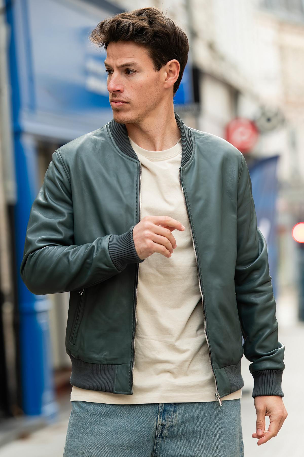 Bomber jacket in sleek opal blue leather - Image n°4