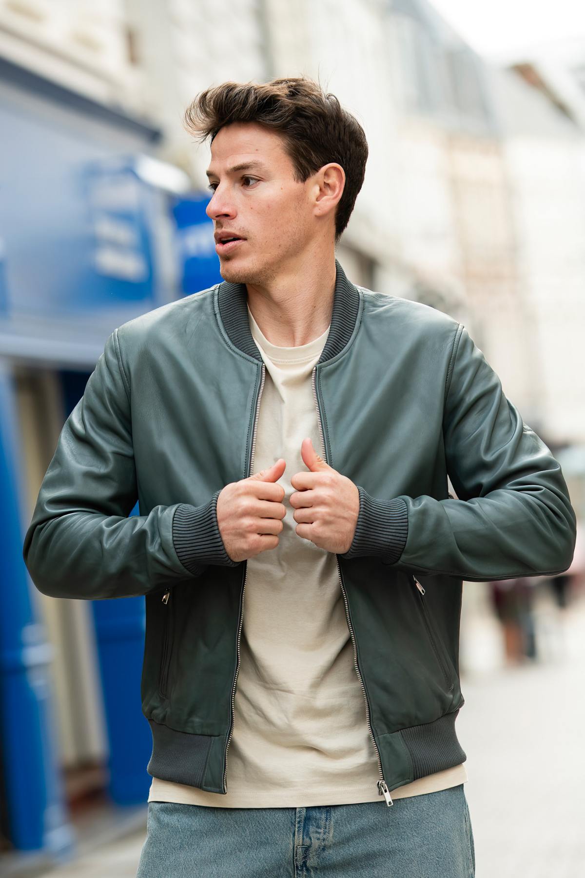 Bomber jacket in sleek opal blue leather - Image n°7