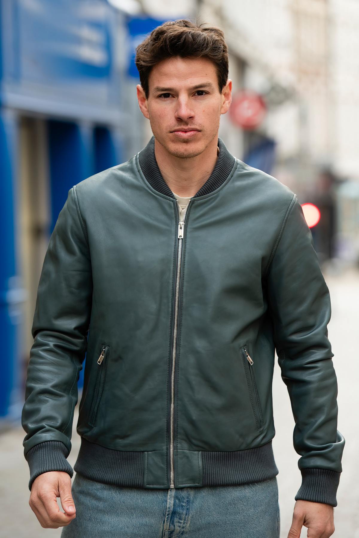 A slim opal blue lambskin jacket, soft and sharp for timeless wear. - Image n°5