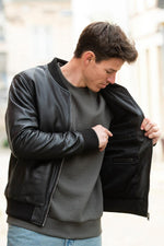 Black leather bomber jacket for men - Image n°4