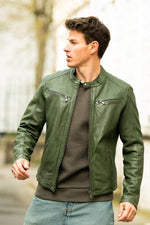 Green leather biker collar jacket - Image n°1