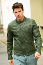 Green leather biker collar jacket - Image n°3
