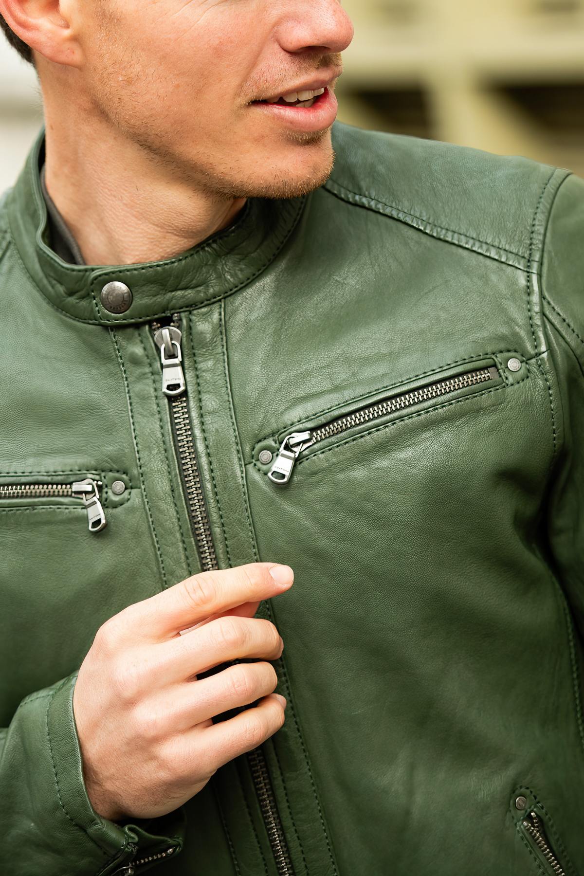 Green leather biker collar jacket - Image n°2