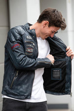 Bold lambskin jacket in ocean blue. Slim fit with six racing badges. - Image n°2