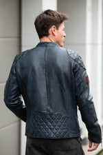 Bold lambskin jacket in ocean blue. Slim fit with six racing badges. - Image n°5