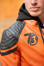 Orange hooded biker jacket with shoulder stitching - Image n°2