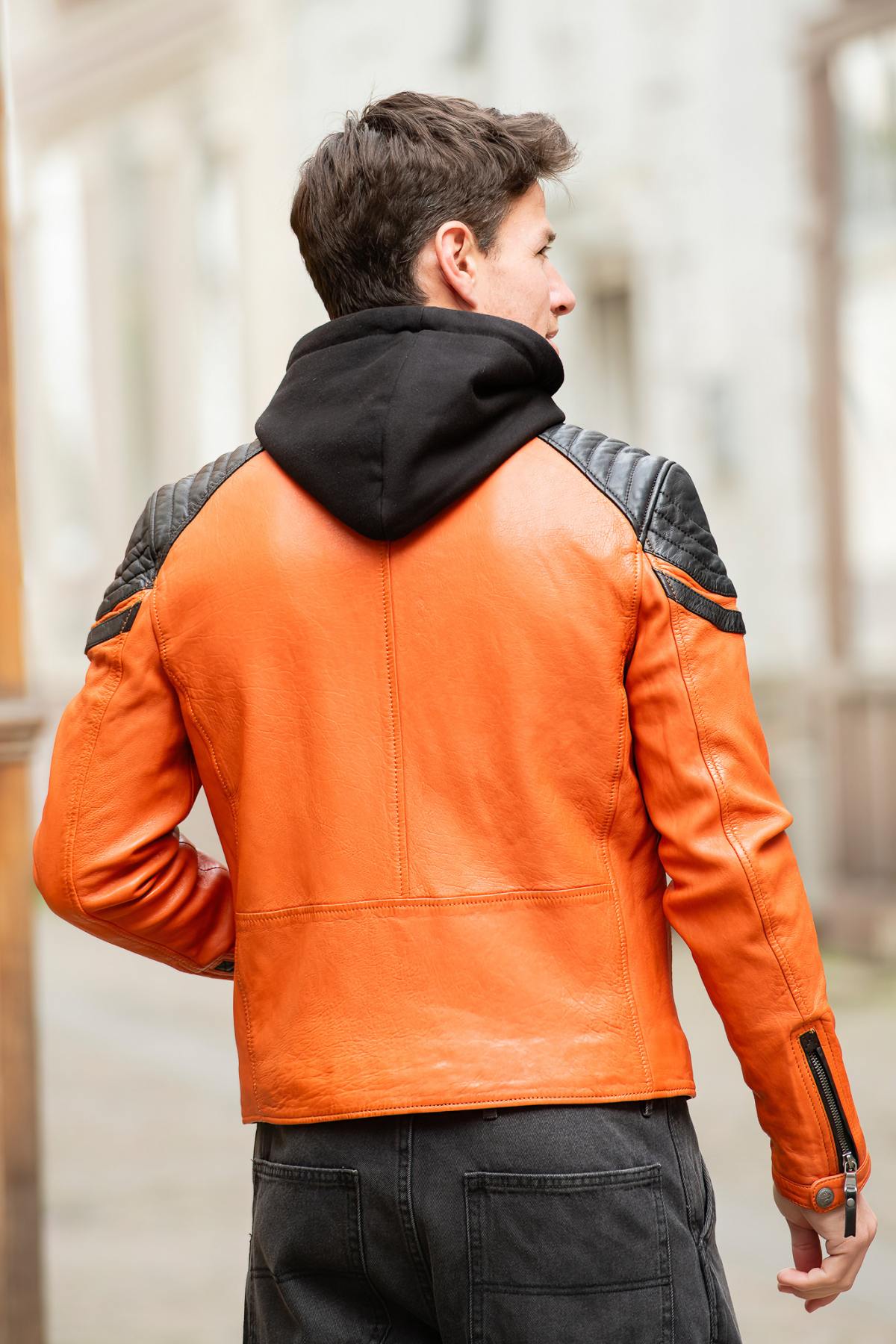 Orange hooded biker jacket with shoulder stitching - Image n°4