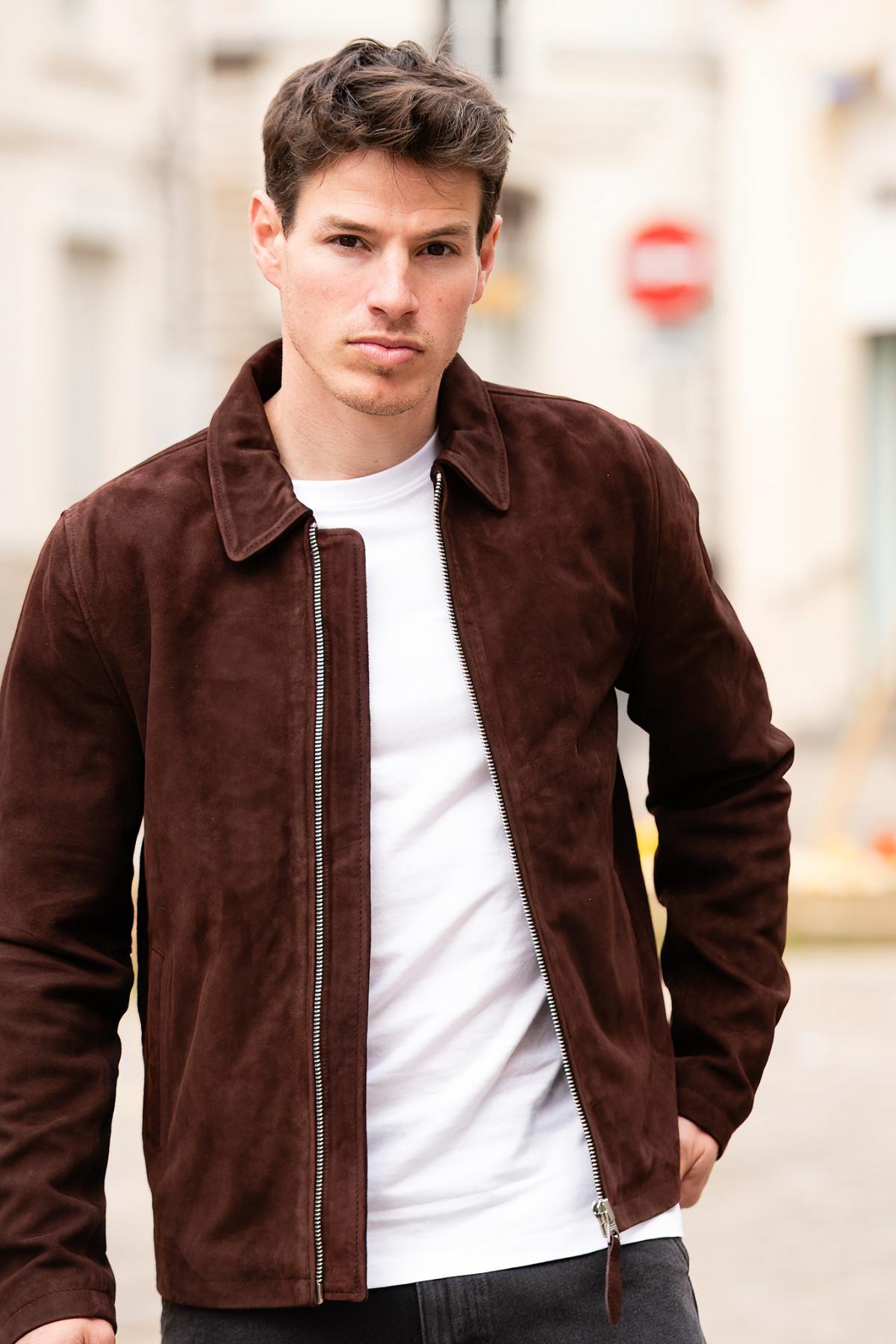 Lightweight goatskin suede jacket by Schott, dark brown and timeless. - Image n°1