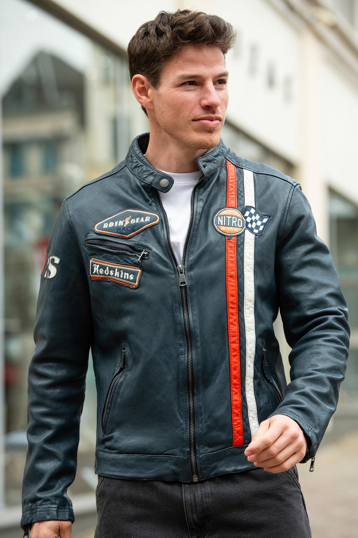Racing-style sheepskin leather jacket in ocean blue, sleek and urban. - Image n°4