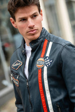 Racing-style sheepskin leather jacket in ocean blue, sleek and urban. - Image n°3