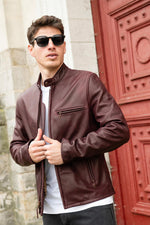 Wine red cowhide leather cafe racer jacket, Made in USA - Image n°1