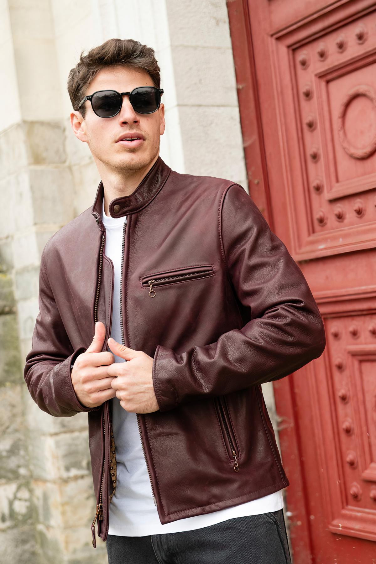 530 WINE: burgundy waxed cowhide café racer. Slim, carefully made in USA. - Image n°1