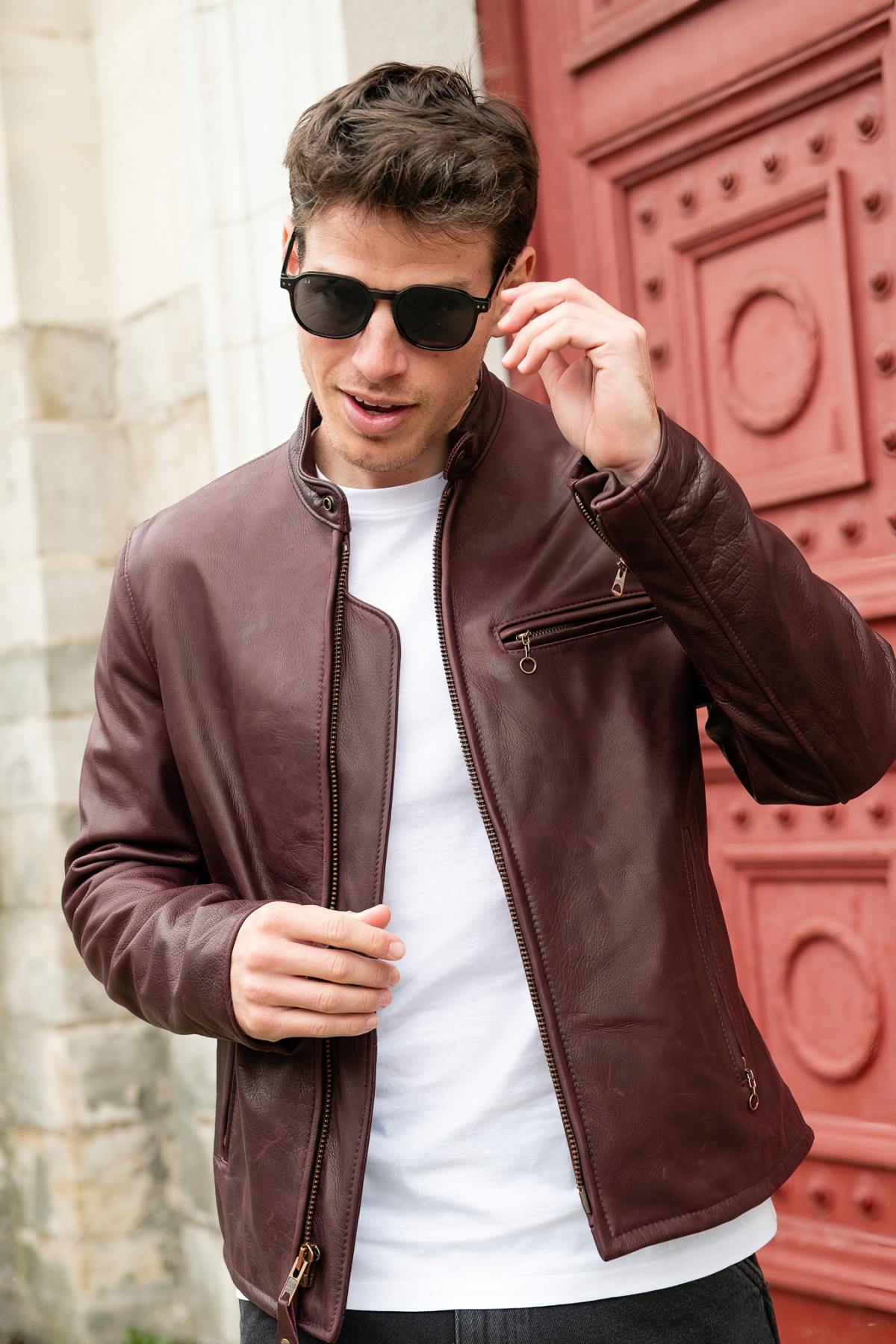 Wine red cowhide leather cafe racer jacket, Made in USA - Image n°5