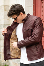 Wine red cowhide leather cafe racer jacket, Made in USA - Image n°6