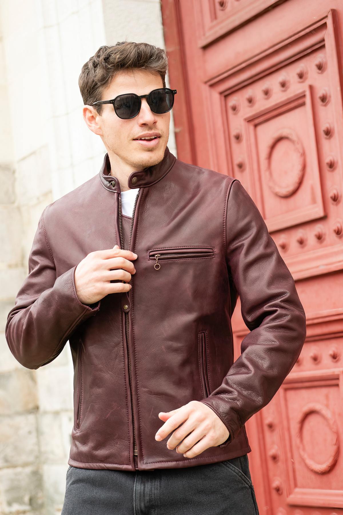 Wine red cowhide leather cafe racer jacket, Made in USA - Image n°2