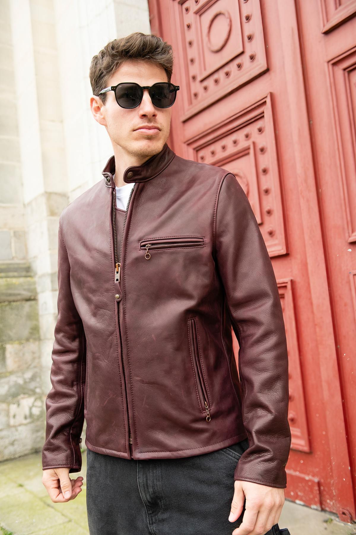 Wine red cowhide leather cafe racer jacket, Made in USA - Image n°9