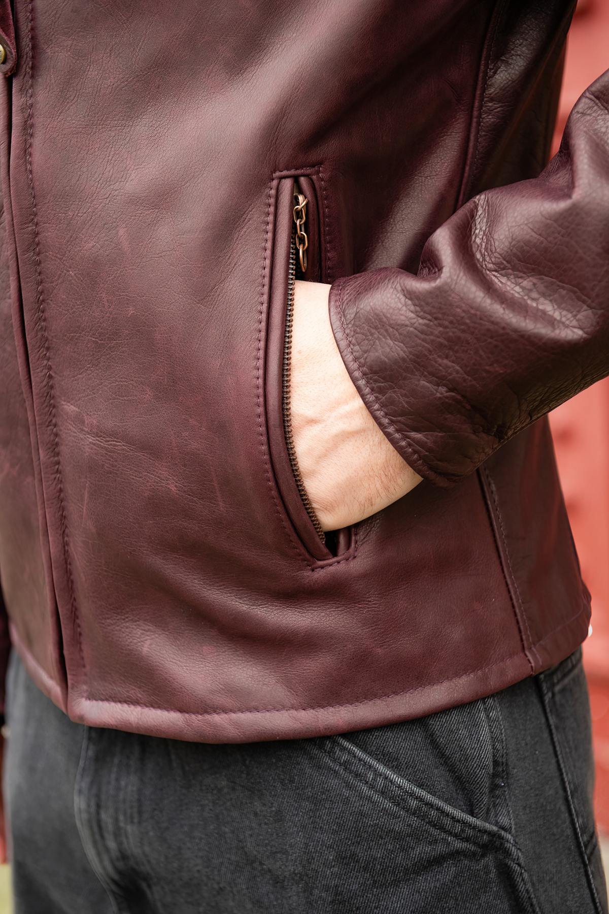 Wine red cowhide leather cafe racer jacket, Made in USA - Image n°8