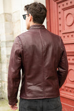 Wine red cowhide leather cafe racer jacket, Made in USA - Image n°4