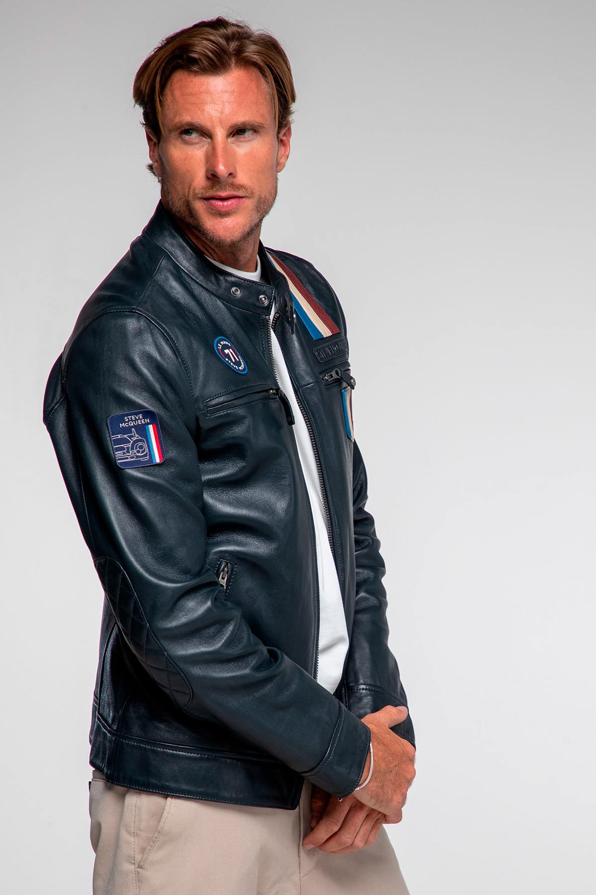 Steve McQueen licensed navy blue leather jacket - Image n°5