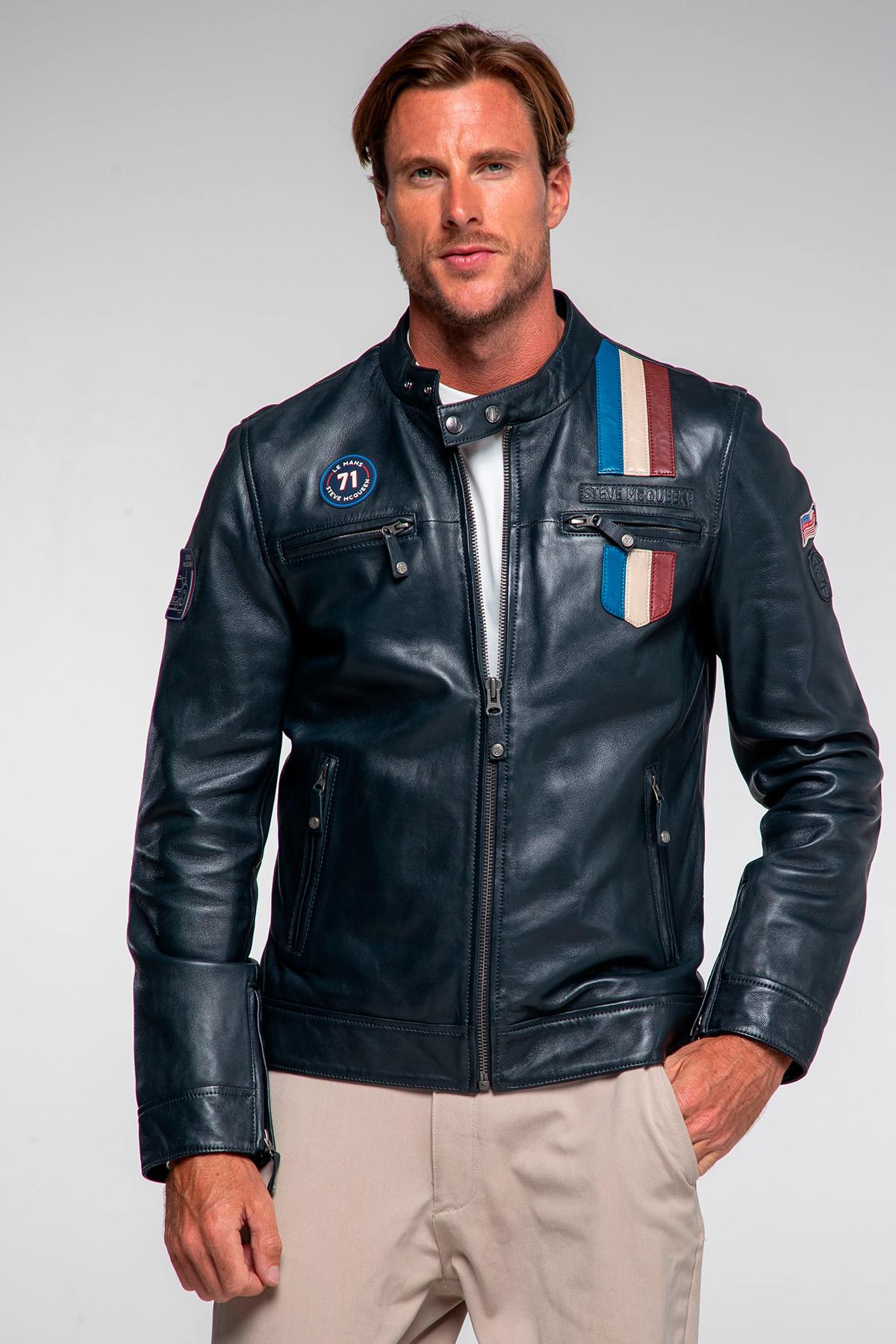 Steve McQueen licensed navy blue leather jacket - Image n°2