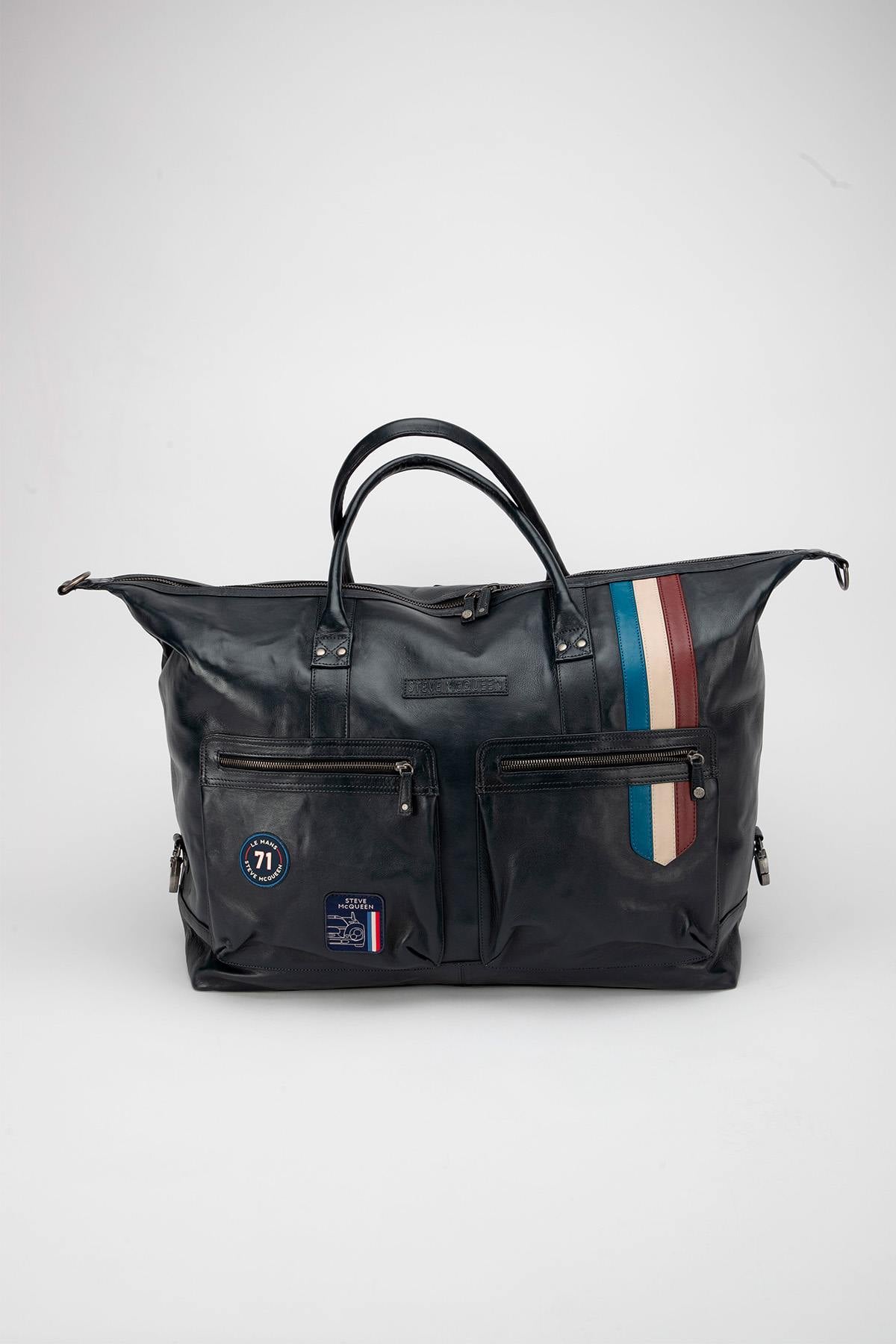 Large navy blue leather travel bag, 72-hour size - Image n°1