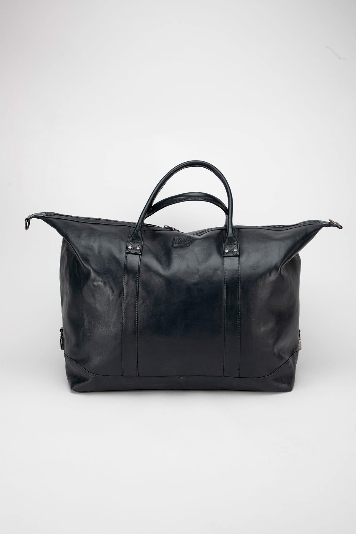 Large navy blue leather travel bag, 72-hour size - Image n°2