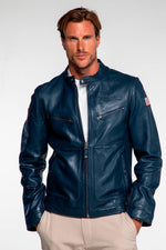 Motorsport-inspired royal blue sheepskin jacket for year-round wear. - Image n°3