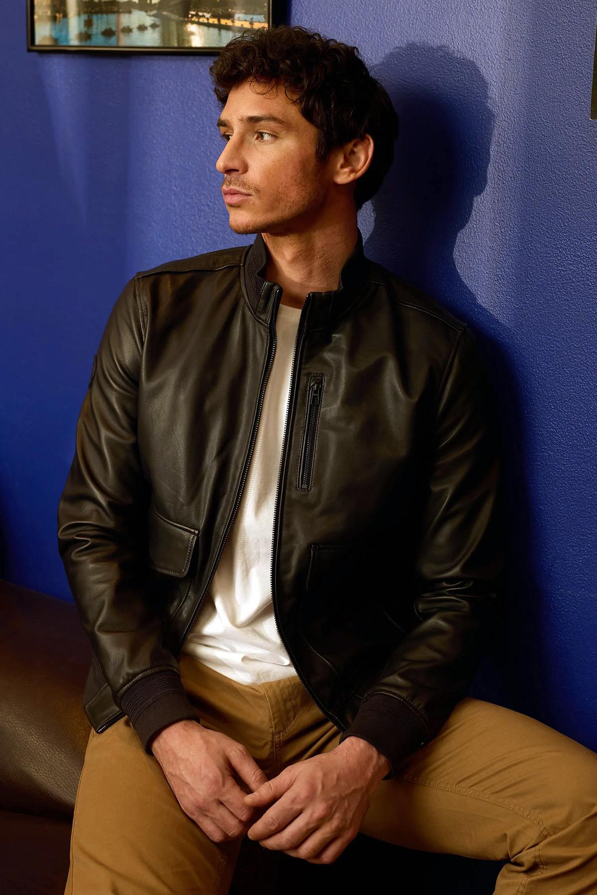 Navy blue multi-pocket leather bomber jacket - Image n°3