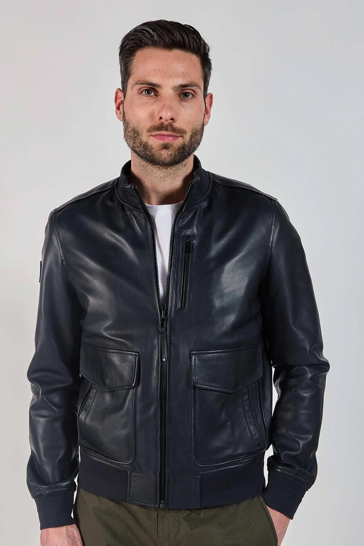 Navy blue multi-pocket leather bomber jacket - Image n°1