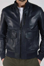 Navy blue multi-pocket leather bomber jacket - Image n°4