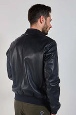 Navy blue multi-pocket leather bomber jacket - Image n°2