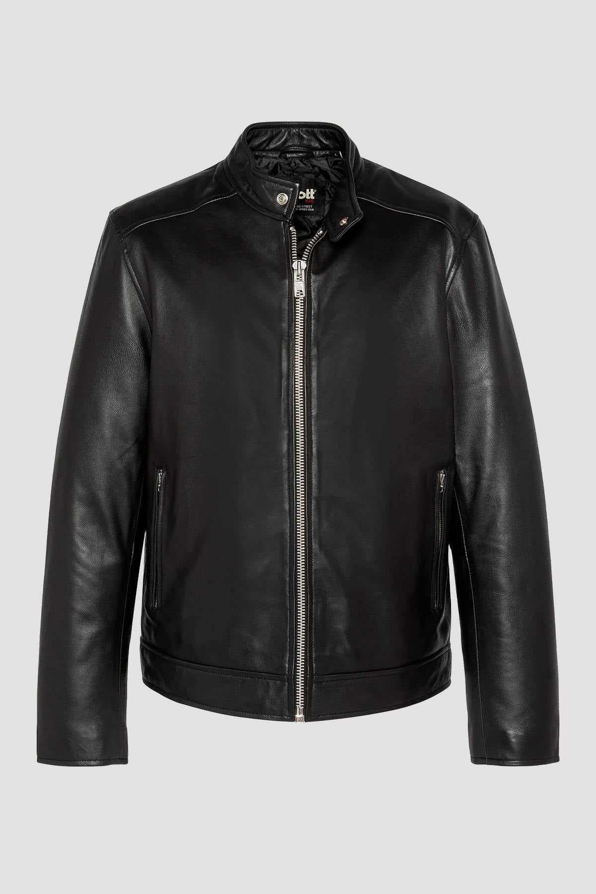 Black lambskin biker jacket from Schott: zip closure, four pockets. - Image n°3