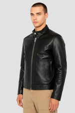Black lambskin biker jacket from Schott: zip closure, four pockets. - Image n°1
